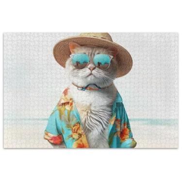 Imagem de Quebra-cabeça engraçado gato vestido 500 peças adultos arte brinquedo pintura família quebra-cabeça elefante branco presentes engraçados