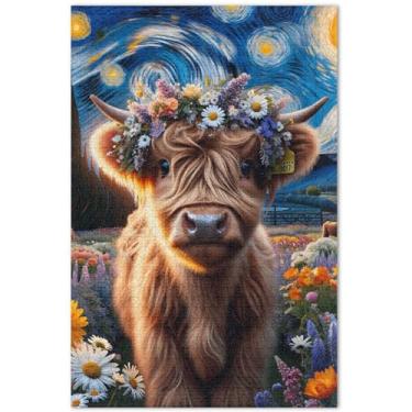 Imagem de Highland Cow Bezerro floral noite estrelada 1000 peças quebra-cabeça para adultos, amigos, família, jogos, presentes, arte divertida, enigma, cenário, paisagem, arte, 75 x 40 cm