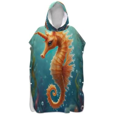 Imagem de Joisal Poncho de surfe para trocador adulto toalha de banho com capuz toalha de banho absorvente bonito cavalo marinho unicórnio masculino poncho com capuz