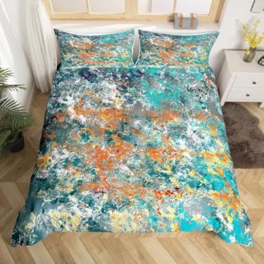 Imagem de Erosebridal Capa de edredom abstrata, tamanho Queen, camuflado, para crianças, meninas, meninos, grunge, pintura a óleo, geometria, retrô, cinza, azul, laranja, quente, roupa de cama macia