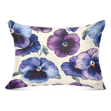 Imagem de Capa de almofada de flanela roxa vintage amor-perfeito com zíper capa de travesseiro padrão King Queen capa de almofada artística macia para cama, tamanho Queen, 50,8 cm x 76,2 cm