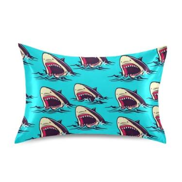 Imagem de Fronhas de cetim azul de tubarões de desenho animado bonito refrescante decoração de quarto estética personalizada rei queen padrão fronha tamanho padrão 66.0 cm x 50.8 cm