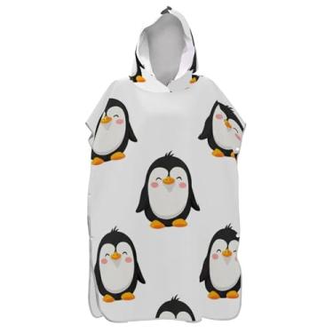 Imagem de TSENQUE Roupão de secagem rápida para adultos poncho de surfe praia moletom toalha floral desenho animado pinguins branco adulto ponchos para mulheres