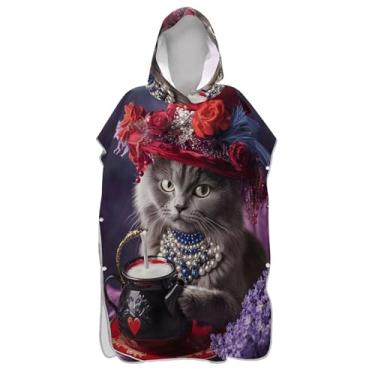 Imagem de TSENQUE Poncho de surfe para adultos trocador com capuz toalha de praia estampa plus size gato vintage roxo masculino poncho com capuz