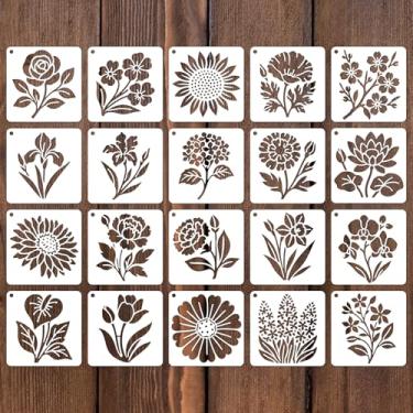 Imagem de 20 peças de estênceis de flores para pintura, modelos florais botânicos de girassol reutilizáveis de 7,6 cm para paredes de cerca de madeira, artesanato, camisetas de lona e decoração de chão