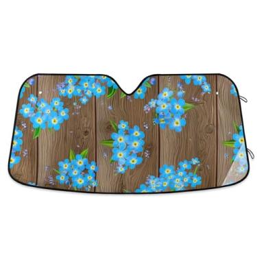 Imagem de Persiana de sol marrom de madeira com flores azuis personalizadas para para-brisa de carro caminhão dobrável engraçado para-brisa frontal automotivo M, 139,7 cm x 70,1 cm