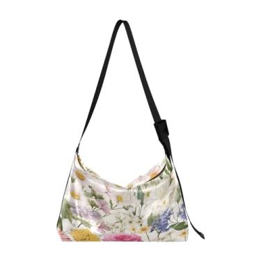 Imagem de Bolsa tiracolo de couro vegano estilo tribal com marrom e preto, bolsas transversais de couro Hobo para mulheres, Aquarela com muitas lindas flores - 1, One Size