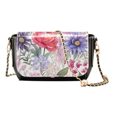 Imagem de Pink Donuts em uma bolsa tiracolo feminina preta com aba, bolsa de ombro de couro transversal, bolsa de couro para mulheres a tiracolo, Flores e folhas florais em aquarela - 2, One Size