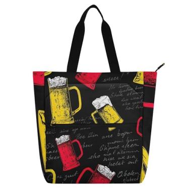 Imagem de GAIGEO Canecas vermelhas amarelas cerveja preta bolsas de trabalho para mulheres bolsas de tecido de lona universitárias bolsas fofas com compartimentos