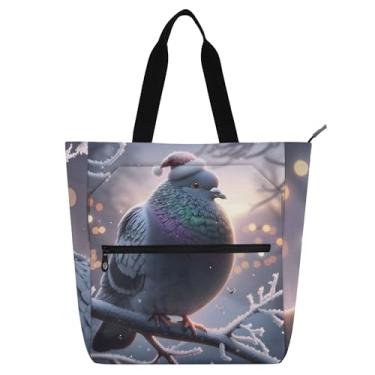 Imagem de GAIGEO Bolsa de trabalho engraçada de pombo de Natal para mulheres, bolsa de lona universitária, bolsa escolar, bolsas femininas para crianças, amantes de livros