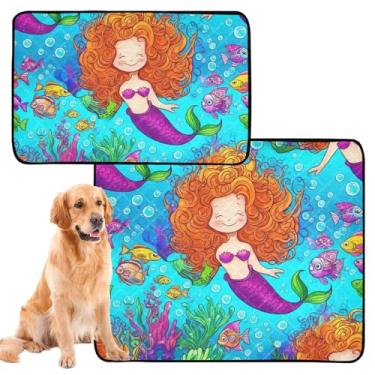 Imagem de Almofada de xixi lavável azul sereia subaquática fofa para cães de estimação extragrande à prova d'água tapete de gaiola de cachorro fofo absorvente de penico, médio + grande, conjunto de 2