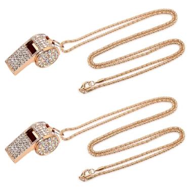 Imagem de Colar de strass de cristal com apito brilhante, apito de metal dourado brilhante alto e nítido com cordão de corrente para treinamento esportivo de professores de árbitro