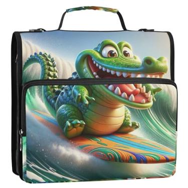 Imagem de Fichários engraçados de crocodilo para surfe, 3 anéis, 3 anéis, fichário resistente com zíper, com alça, bolsa escolar de ensino médio, suporte para 500 folhas