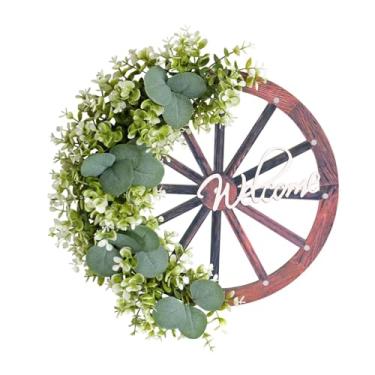 Imagem de oshhni Guirlanda de roleta de madeira com folhas verdes realistas, enfeite para pendurar na porta de entrada, decoração de Natal para festas e feriados.