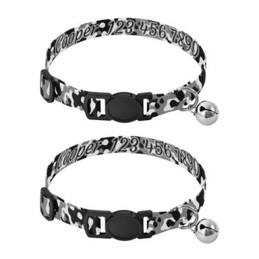 Imagem de Alça de pescoço de gato para pequenos animais de estimação e gatinhos, pacote com 2, camuflagem abstrata, preta, faixa de pescoço com nome e número de telefone, serve para pescoço de 27 a 43 cm