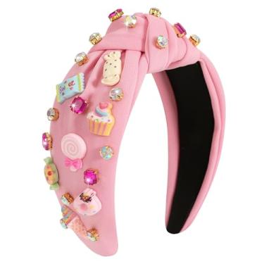 Imagem de Gmmidea Tiara feminina com nó de doce, fofo, arco-íris, pirulito, cupcake, faixa de cabelo com contas, nó largo, faixa de cabelo de aniversário, acessórios de cabelo doce doce