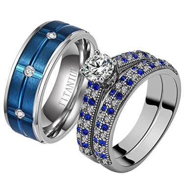Imagem de Ringheart 2 anéis para ele e para ela para casal banhado a ouro branco corte princesa Cz Conjuntos de alianças de casamento masculinas de aço de titânio azul, women size9 & men size13, Metal Metal Cristal Strass, Zircônia cúbica