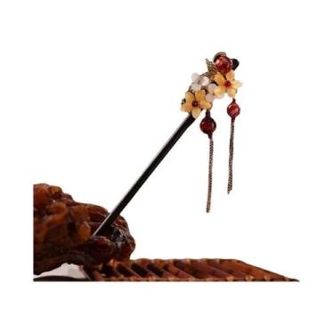 Imagem de Grampo De Cabelo Magnolia De Vidro Transparente Com Franjas De Madeira