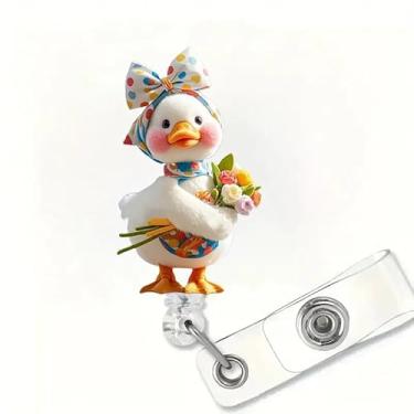 Imagem de Carretel de crachá de pato, lindo suporte de crachá de pato arco-íris com design de flor, carretel de crachá médico de identificação com clipe retrátil, porta-crachá de acrílico plano 2D para