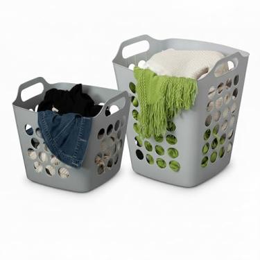 Imagem de Basicwise Conjunto de 2 cestos de plástico com alças grandes e pequenas cestas ventiladas para armazenamento e organização de roupas, caixotes empilháveis leves para quarto, banheiro, dormitório e