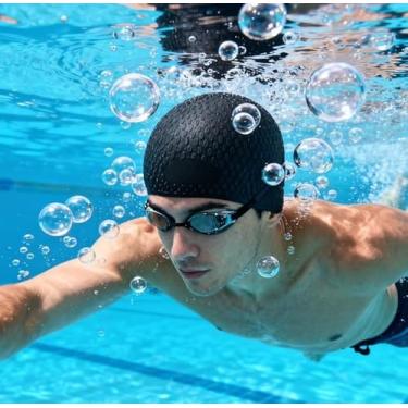 Imagem de Touca de natação de silicone adulto para cabelos longos, impermeável, elástica, confortável, chapéu de natação para homens e mulheres (preto)