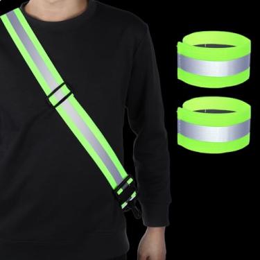 Imagem de Josojoou Equipamento refletivo para caminhada, faixa reflexiva ajustável para caminhar à noite, cinto de corrida refletivo de segurança de alta visibilidade e pacote com 2 braçadeiras para corrida
