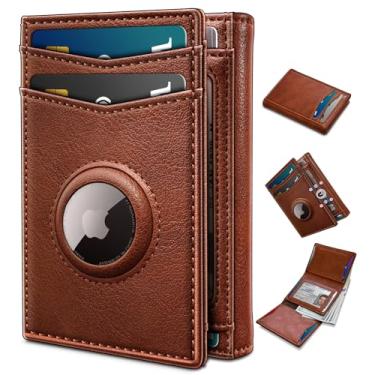 Imagem de miyozi Carteira masculina AirTag, com bolso para dinheiro, 2 janelas para identidade, 14 a 16 cartões, fecho magnético, carteira de couro fina com três dobras, 10 cm x 7,9 cm, bolso frontal com