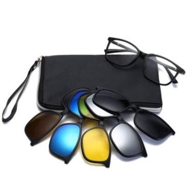 Imagem de Armação De Óculos Masculino + 5 Clip On Óculos De Sol Troca Lentes 6 Em 1 Proteção UV Polarizado-Masculino