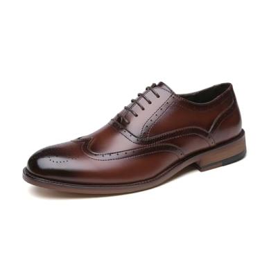 Imagem de Sapato social masculino de bico redondo com ponta de asa Brogue Oxford sapatos formais masculinos clássicos com cadarço couro PU sapatos de trabalho, Marrom, 42 BR