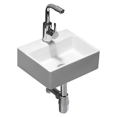 Imagem de pcagfaajmh Pia de banheiro pequena para montagem na parede, pia retangular branca de 33 cm, pia de vaso de porcelana feita à mão para banheiro, lavabo, etc., pia de banheiro pequena tigela de cerâmica