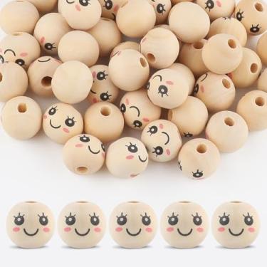 Imagem de 50 peças de contas de madeira para artesanato, contas de madeira sorridentes de 20 mm com furos, contas de madeira de rosto redondo natural para artesanato DIY, fabricação de joias, decorações de anjo