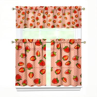Imagem de Tapesb Conjunto de 3 peças de cortina de cozinha de morango engraçado cortinas de janela pequenas sobre a pia essenciais para decoração de cozinha, quarto, lavanderia, 69,8 x 91,4 cm