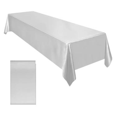 Imagem de Toalha de mesa retangular de cetim para festa de casamento, cor sólida, casamento, banquete, restaurante, festival, decoração de jantar (prata, 145 x 260 cm)