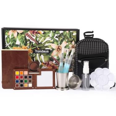 Imagem de Mini conjunto de tinta aquarela, conjunto de aquarela profissional com 15 cores, bolsa de armazenamento, pincel, copo, paleta e caderno de esboços, kit de pintura portátil de viagem para esboços ao ar