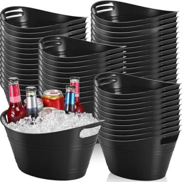 Imagem de Norme 48 peças de baldes de gelo de plástico para festas a granel 4,5 L, oval preto, com alças, vinho, cerveja, champanhe, garrafa, bebida, geladeira, banheira, para festas de Natal, casa, festas