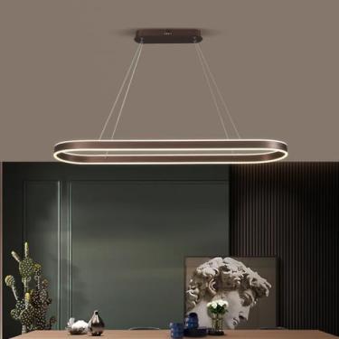 Imagem de Lustre oval LED regulável, moderno, para mesa de jantar ou escritório, com altura ajustável e controle remoto, ideal para sala de jantar, cozinha e sala de estar (cor café, 100 cm de comprim