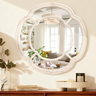 Imagem de Lzuso Espelho branco irregular, círculo ondulado montado na parede, espelho grande, moldura de madeira, Mirros decorativos para entrada, sala de estar, vaidade e quarto, decoração de casa de 50 cm