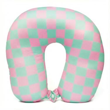 Imagem de Almofada de Pescoço para Viagem Anatômica e Macia; Travesseiro Cervical com Suporte Ergonômico; Apoio de Cabeça Confortável com Botão de Fechamento e Alça de Transporte (Xadrez Verde e Rosa)