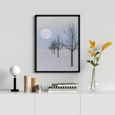 Imagem de Quadro paisagem neve árvores lua 33x24cm - vidro, madeira branca