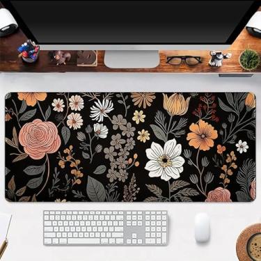 Imagem de Tapete de mesa floral, 23,6 x 11,20 cm, mouse pad de flores vintage escuro, mousepad estético para jogos, tapete de mouse grande para laptop, teclado de computador, capa de acessórios para mesa de