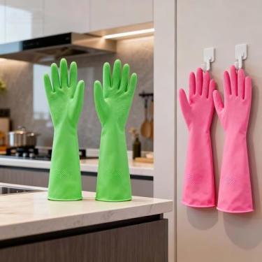 Imagem de Luvas de borracha para lavar louça, luvas de limpeza extra longas de 38 cm para cozinha, rosa e verde, tamanho M G GG