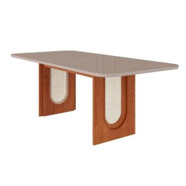 Imagem de Mesa Multiuso Cozinha Valentina c/ Tampo Madeirado c/ Vidro Reto 210x100cm Cinamomo/Off White - Cimol