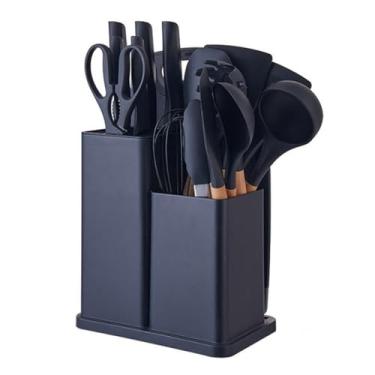 Imagem de Utensilios para Cozinha Silicone Kit com 19 Peças Cabo Madeira Conjunto Completo Espátula Concha Colher Jogo Suporte Faca Antiaderente Tabua Tesoura Faqueiro (PRETO 02)