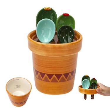 Imagem de 5 colheres medidoras de cacto de cerâmica em panela - conjunto de colheres medidoras decorativas para assar, leite, açúcar, sal, utensílios de cozinha