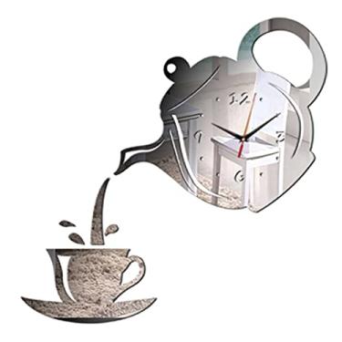 Imagem de Xícara de café bule de chá DIY relógio de parede 3D relógios de parede cozinha espelho adesivo decorativo sala de estar decoração de casa relógio (cor: preto)