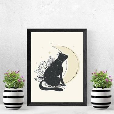 Imagem de Quadro Decorativo Gato Com Lua 33X24 C/Vidro - Madeira Preta