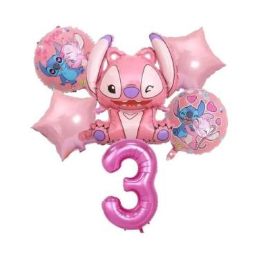 Imagem de Conjunto De Balões De Folha Rosa Anjo Lilo & Stitch 6 Peças Decorações