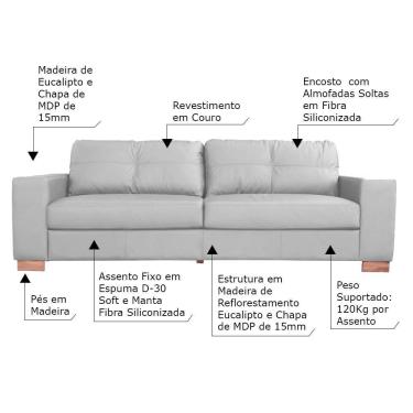 Imagem de Sofá 3 Lugares Sala de Estar Pés Madeira kenny 240 cm Couro Cinza - Gran Belo