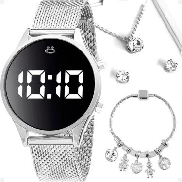 Imagem de Relogio Feminino Aço Prata Digital Caixa Brincos Colar