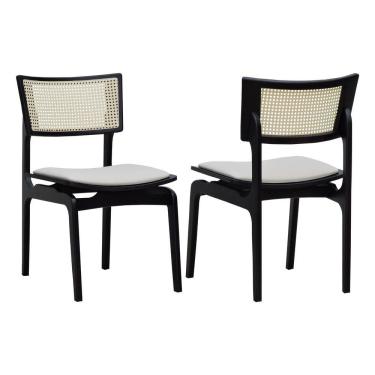 Imagem de Kit 2 Cadeiras Apollo Madeira Maciça Encosto Telinha Assento Anatômico - Preto Estofado Corano Bege